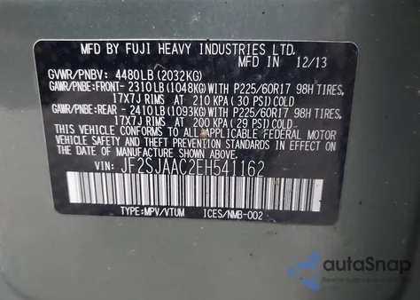 2014 Subaru Forester 2.5I z USA, uszkodzony, nr VIN JF2SJAAC2EH541162